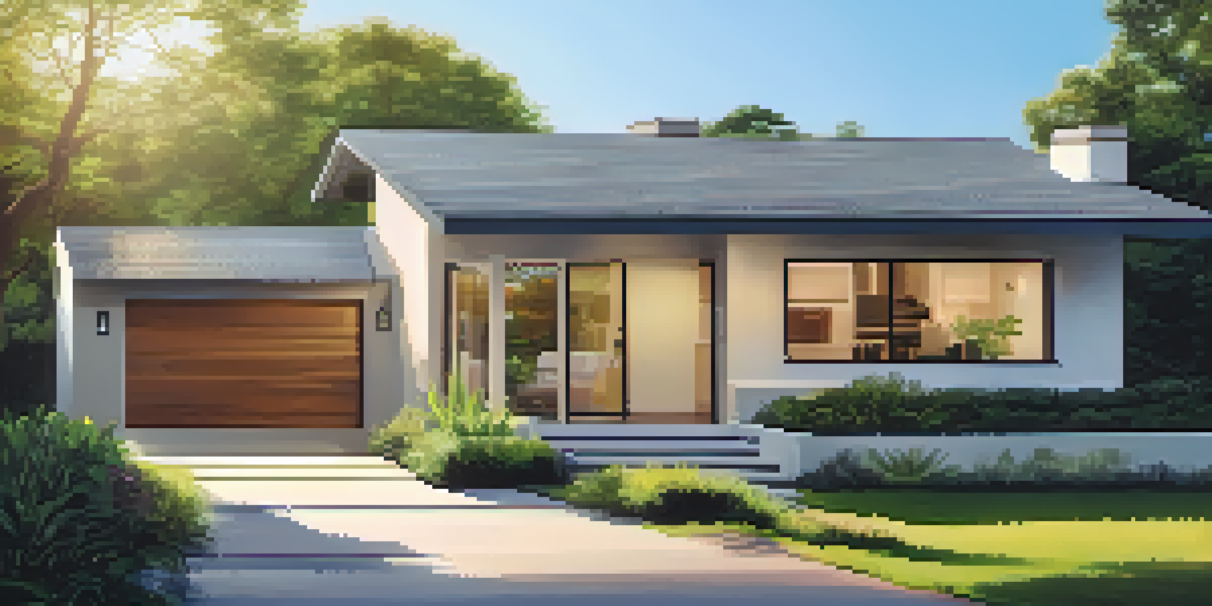 A modern house with a 'For Rent' sign in the front yard, surrounded by greenery and flowers under a clear blue sky.
