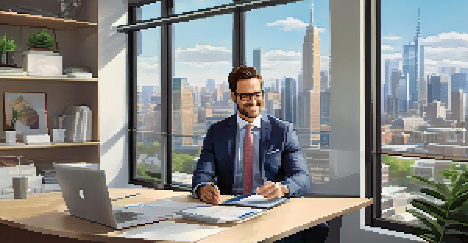 A real estate agent working at a desk with a laptop and city skyline view, smiling during a video call.