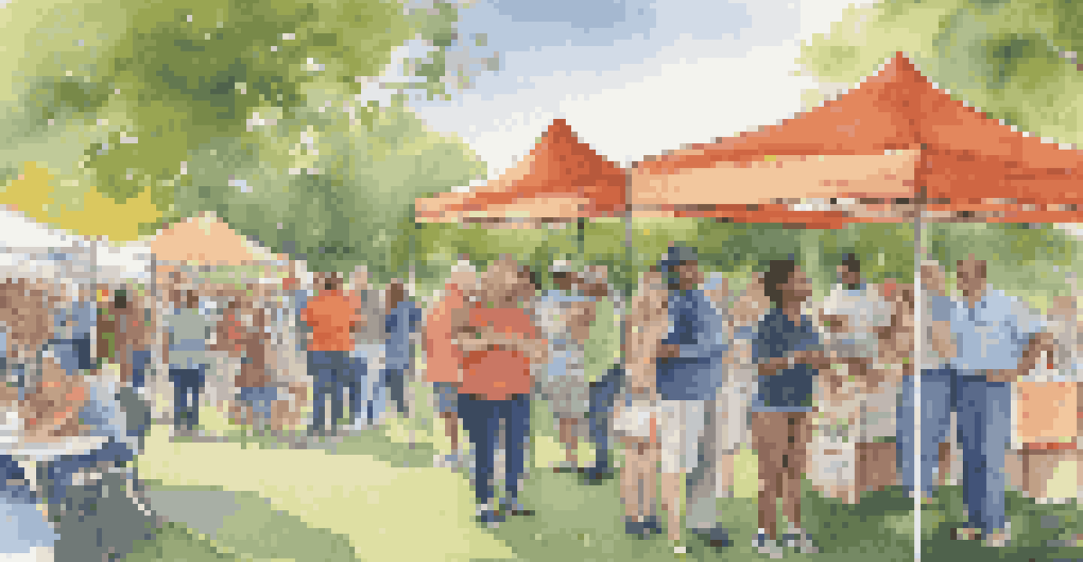 A lively community event in a park with first-time homebuyers learning about loan forgiveness programs, featuring colorful booths and engaged attendees.