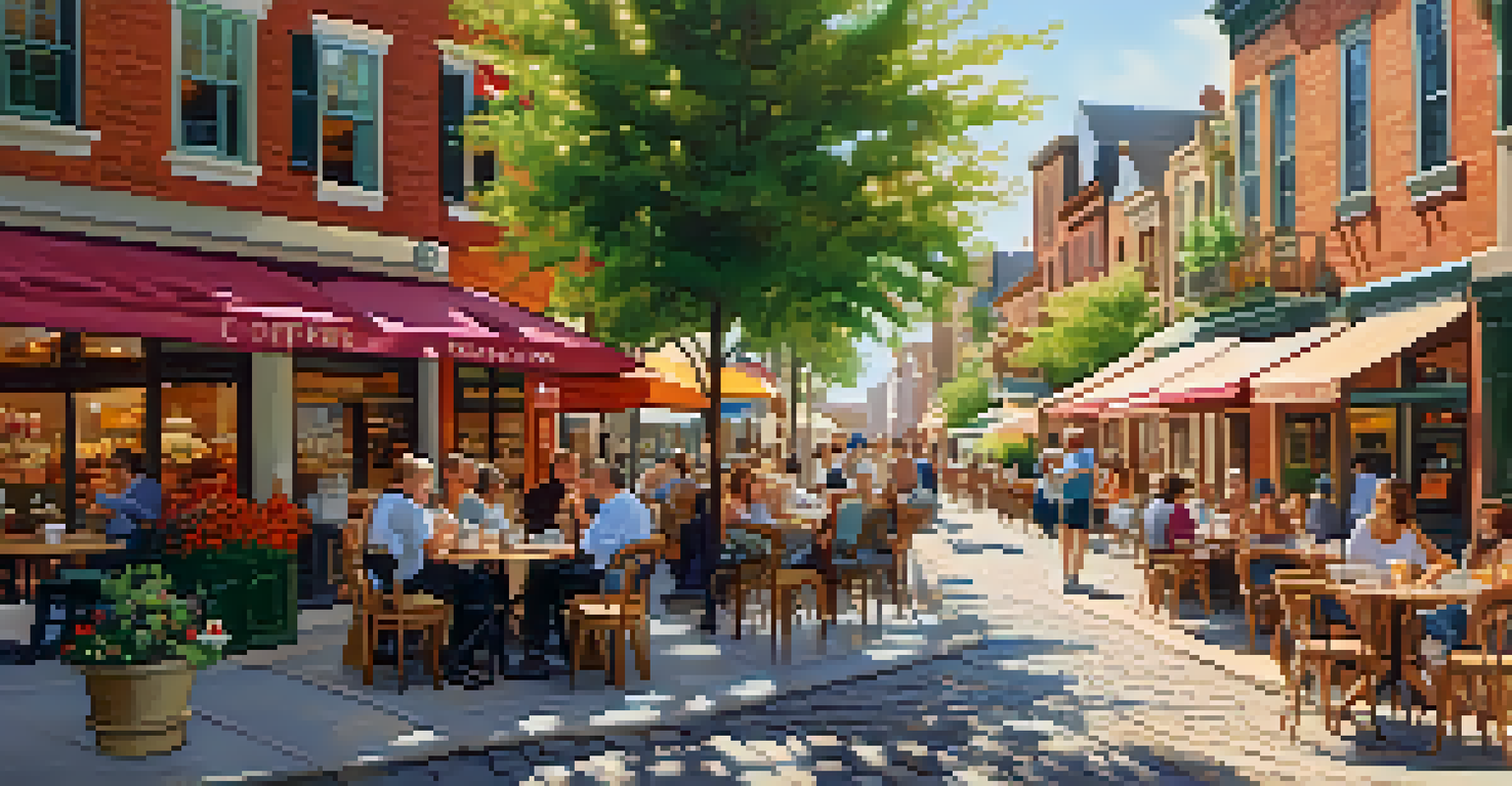 A lively historic district with cafés and shops in preserved buildings, featuring people enjoying coffee outdoors and colorful storefronts.