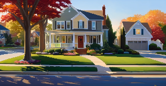 A picturesque suburban neighborhood at sunset with colorful houses and lush greenery.