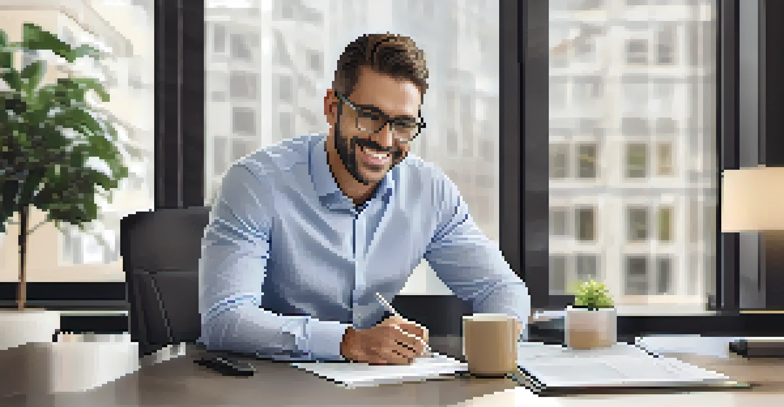 A property manager and tenant discussing a lease agreement in a modern office, with the manager smiling and the tenant looking engaged.