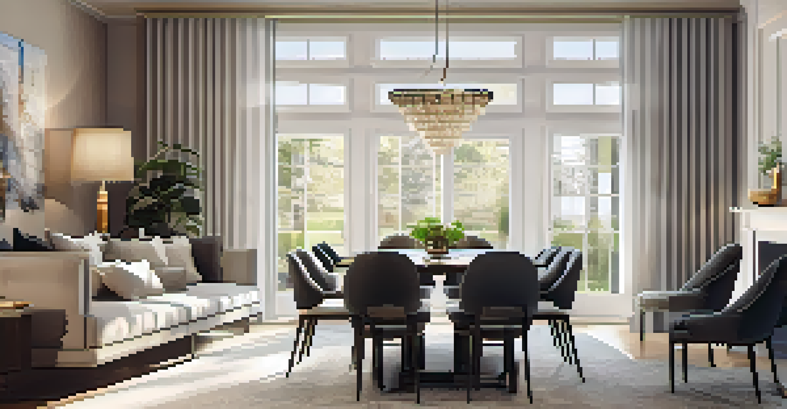 An inviting open space with distinct zones for dining and relaxation, featuring smart lighting.
