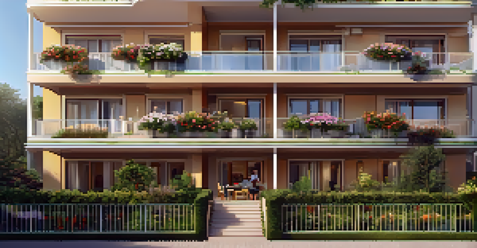 A beautiful residential complex with plants on balconies and a park in front during golden hour.