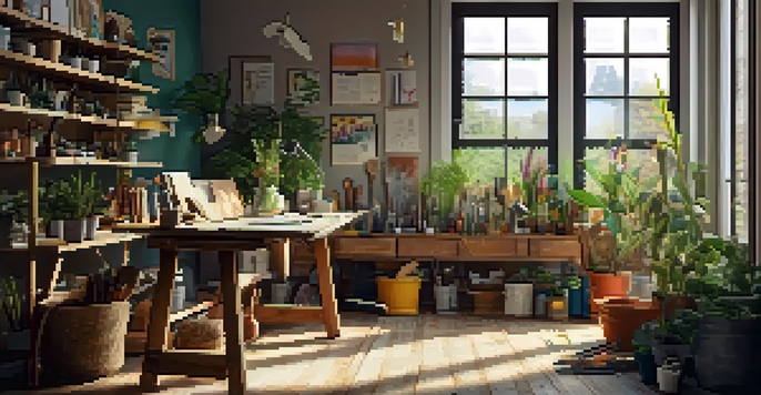 A cozy DIY workspace with a wooden table filled with hand tools, natural light, and potted plants.