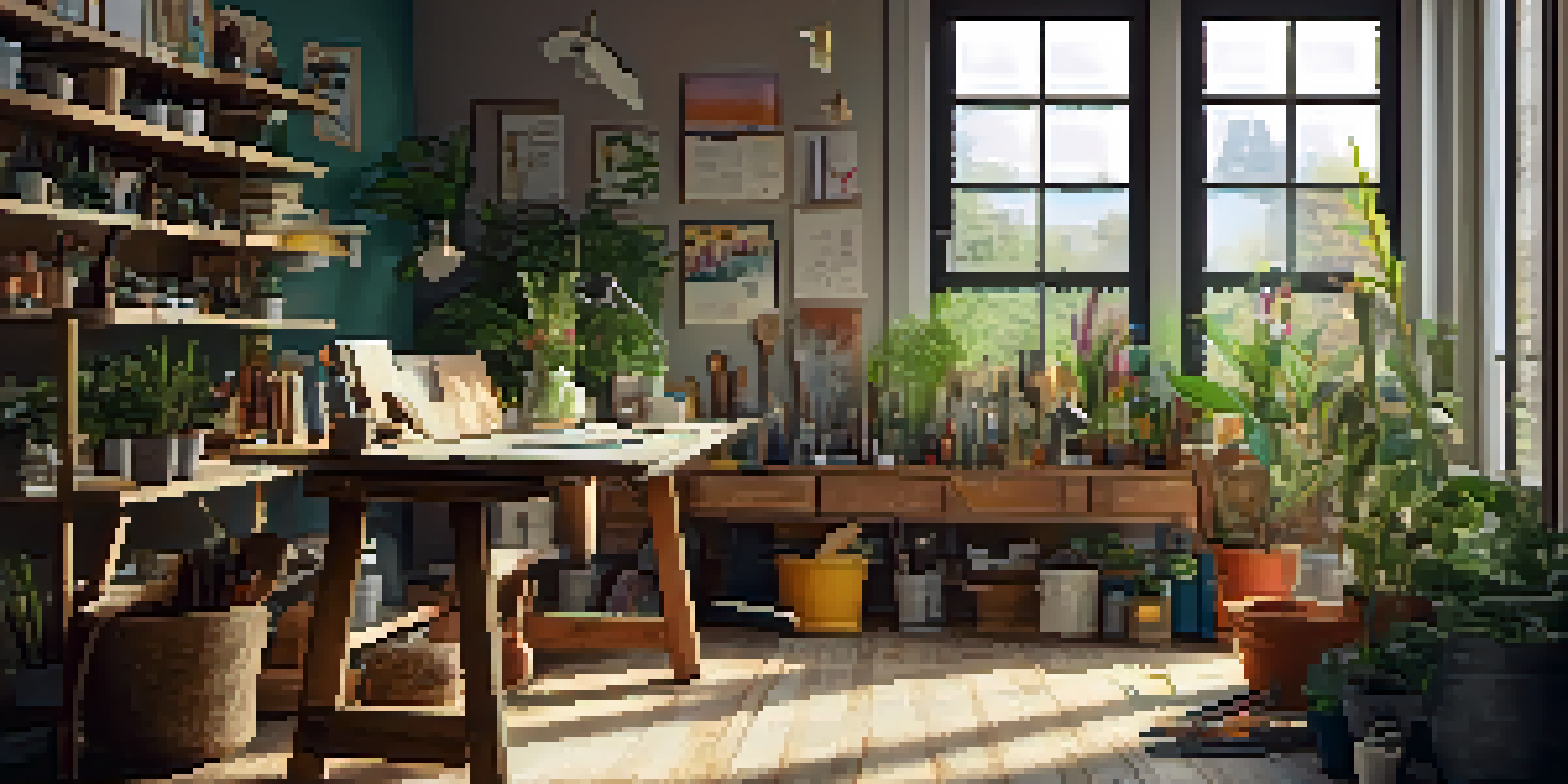 A cozy DIY workspace with a wooden table filled with hand tools, natural light, and potted plants.