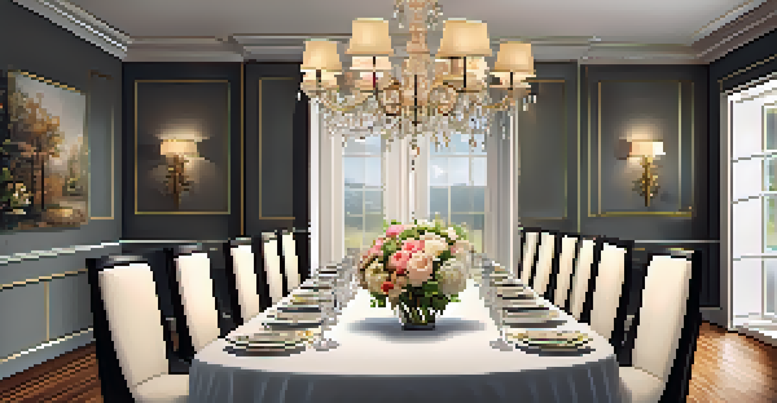 An elegantly set dining area with layered lighting creating a cheerful yet intimate atmosphere for a dinner party.