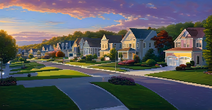 A peaceful suburban neighborhood during sunset with homes and families enjoying their evening.