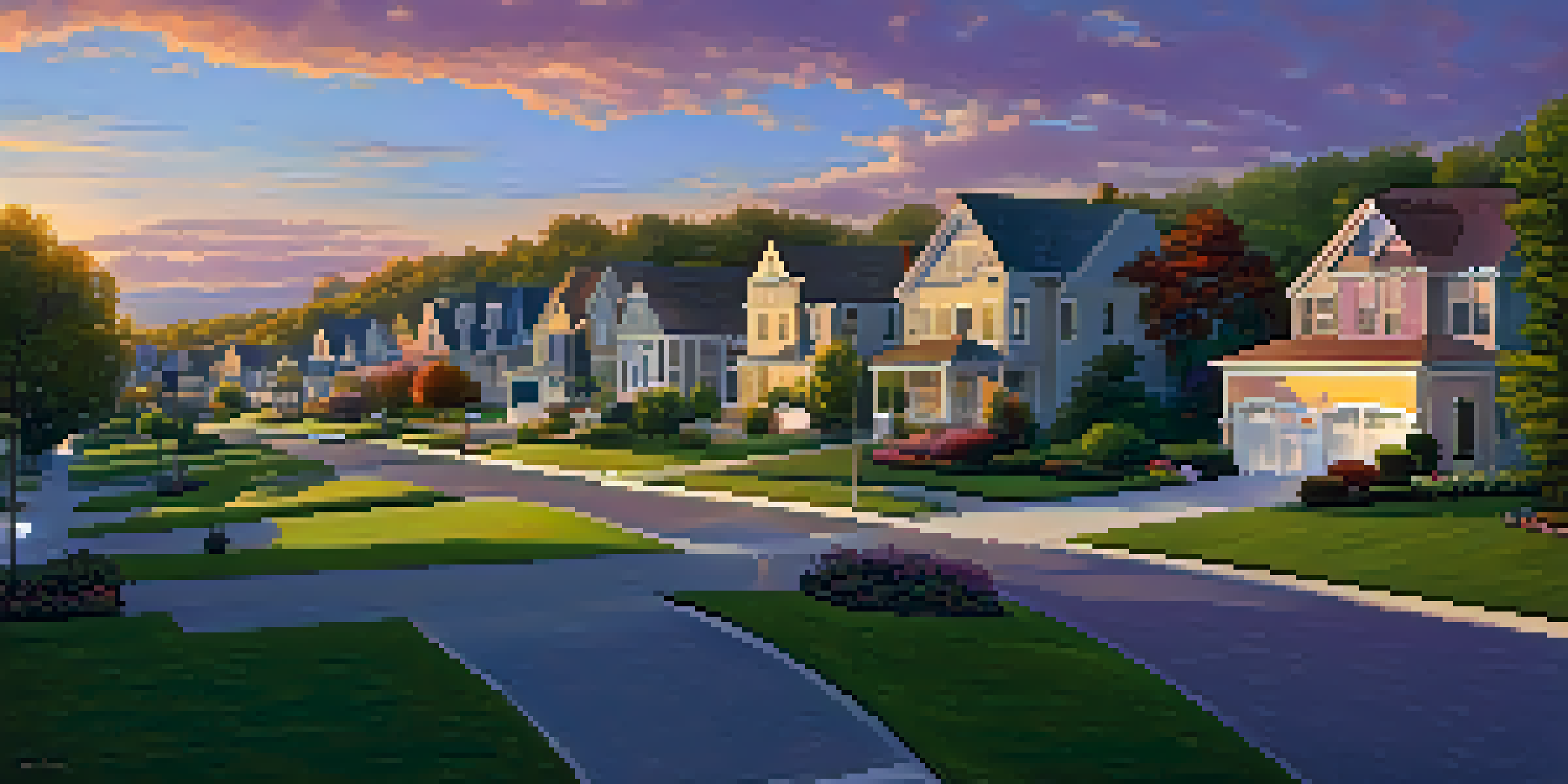 A peaceful suburban neighborhood during sunset with homes and families enjoying their evening.