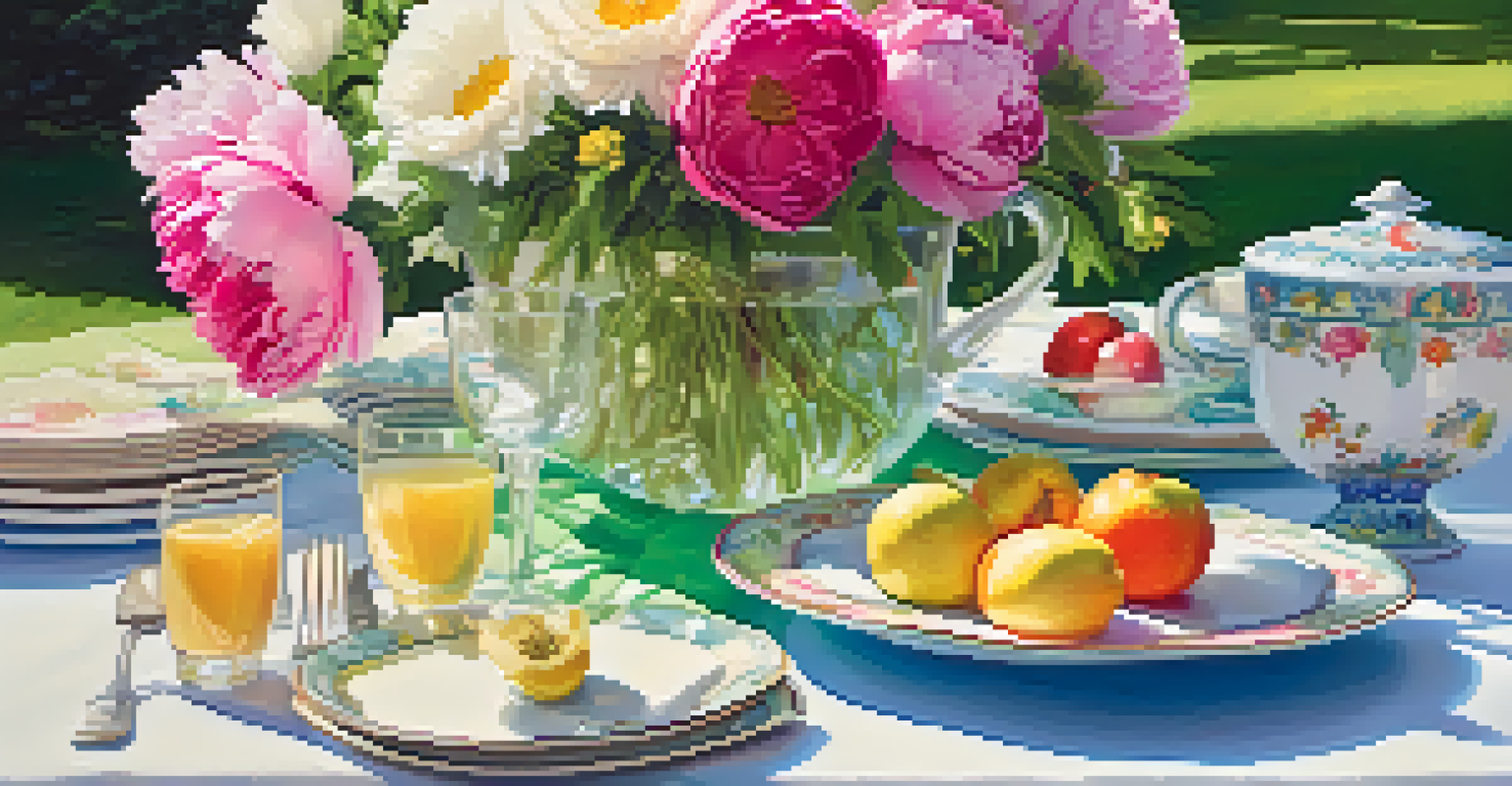 A spring garden table setting with fresh flowers and vintage china, illuminated by sunlight.