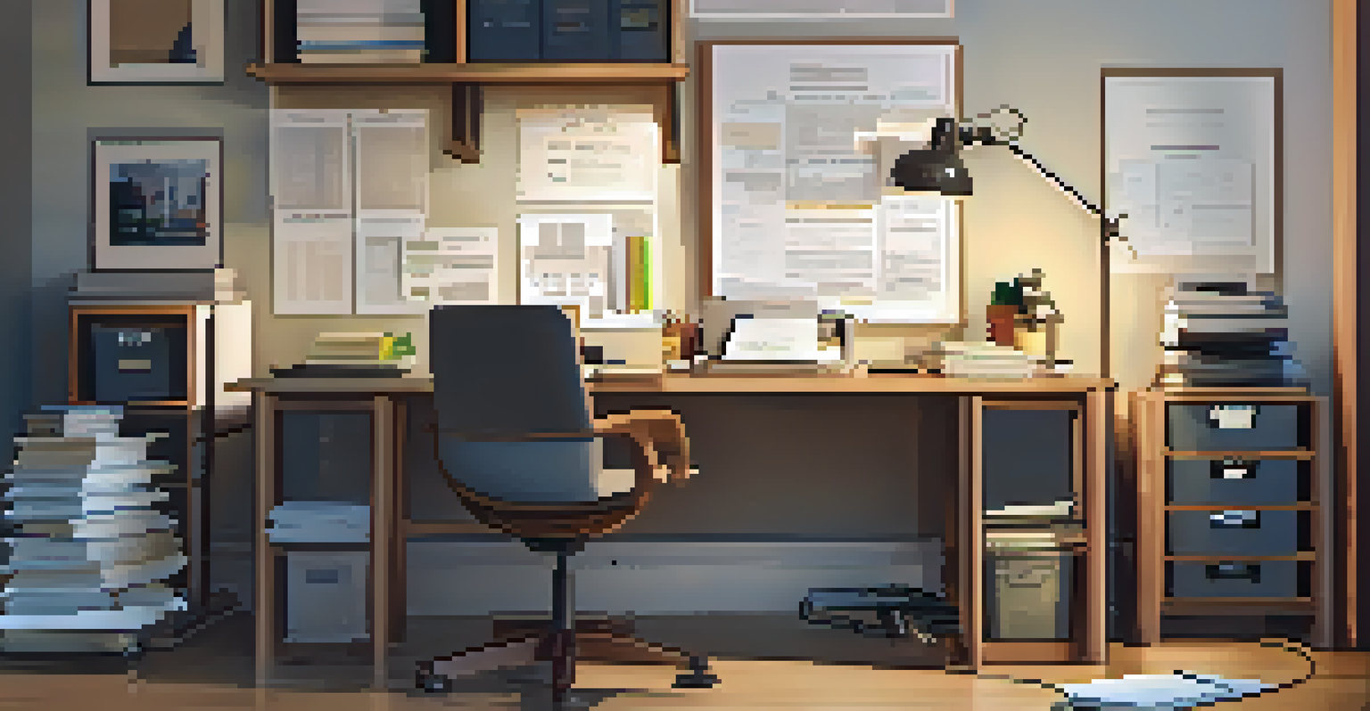 A clean desk with home documents, a laptop, and a notepad, illuminated by warm light, representing organization for a home inspection.