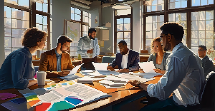 A diverse group of professionals discussing at a wooden table in a brightly lit office with papers and laptops around them.
