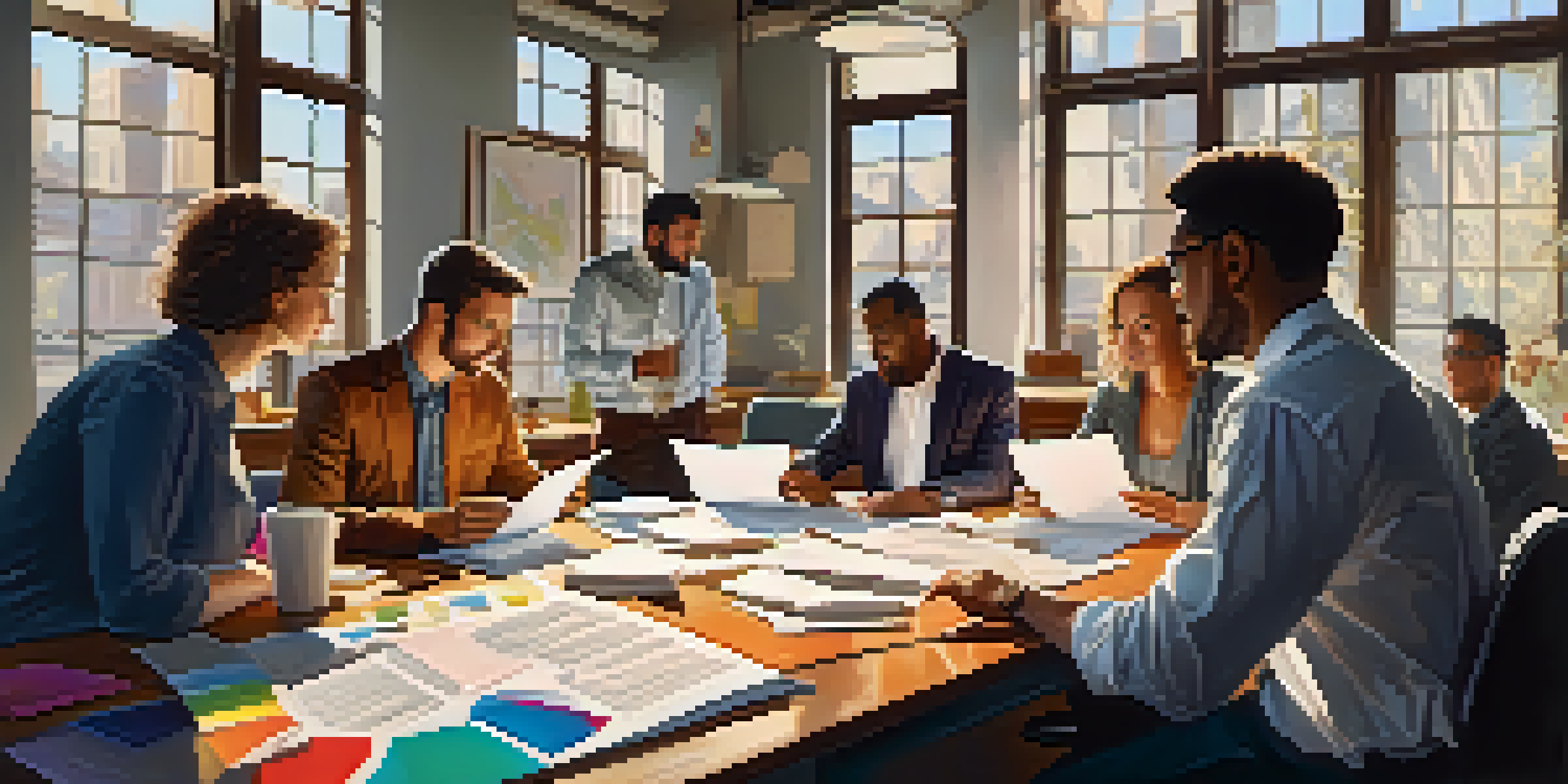 A diverse group of professionals discussing at a wooden table in a brightly lit office with papers and laptops around them.