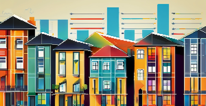 An infographic displaying housing price trends with colorful bar charts and icons of houses.