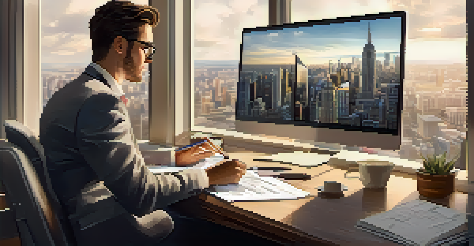 An individual browsing a real estate crowdfunding platform on a laptop at a modern desk with financial documents and a city view.