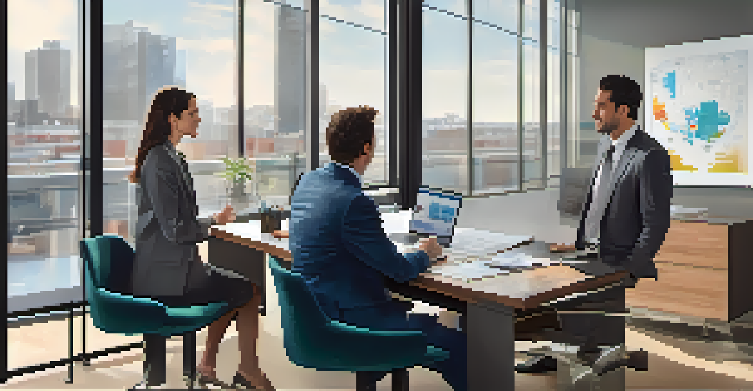 A financial advisor in a modern office explaining mortgage options to a couple, surrounded by charts and bright natural light.