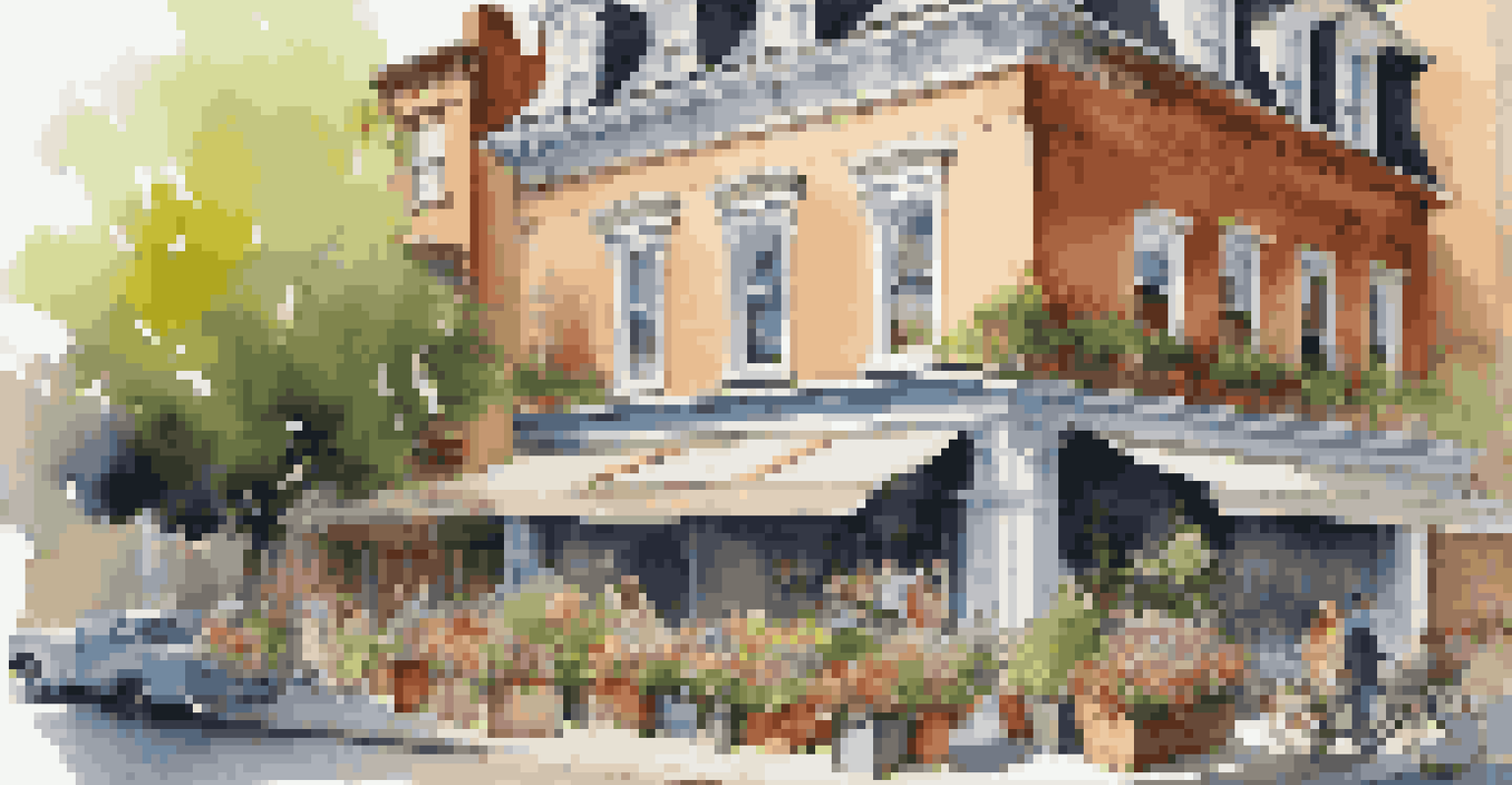 A historic building transformed into a bed and breakfast, with tourists enjoying outdoor seating and colorful flower boxes.