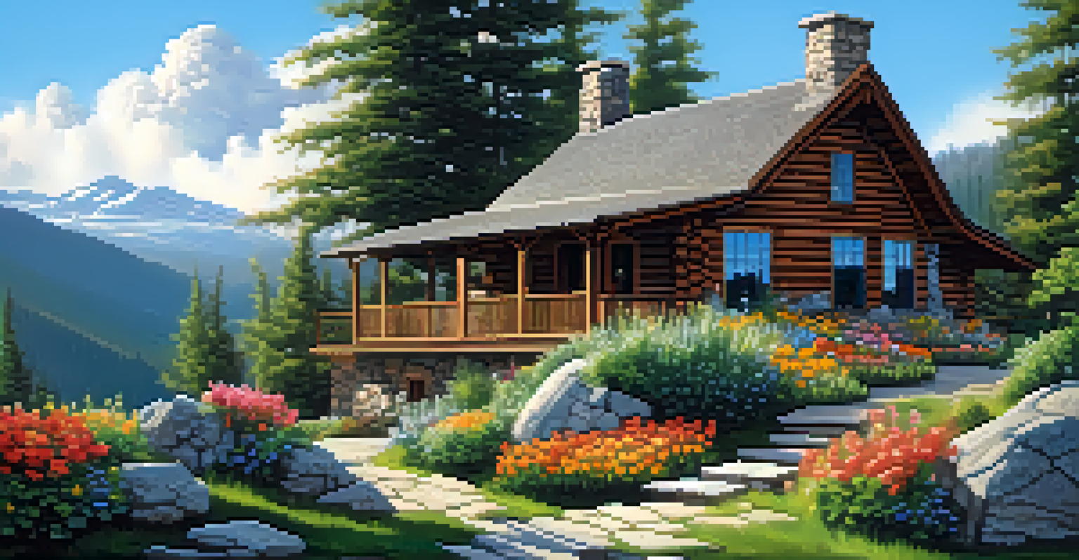 A charming mountain cabin with a deck and flowers, set in a green landscape.