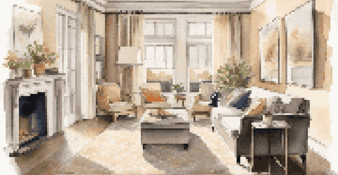 A spacious living room designed for accessibility, featuring wide doorways, a non-slip rug, and comfortable seating with armrests. Natural light comes through large windows.