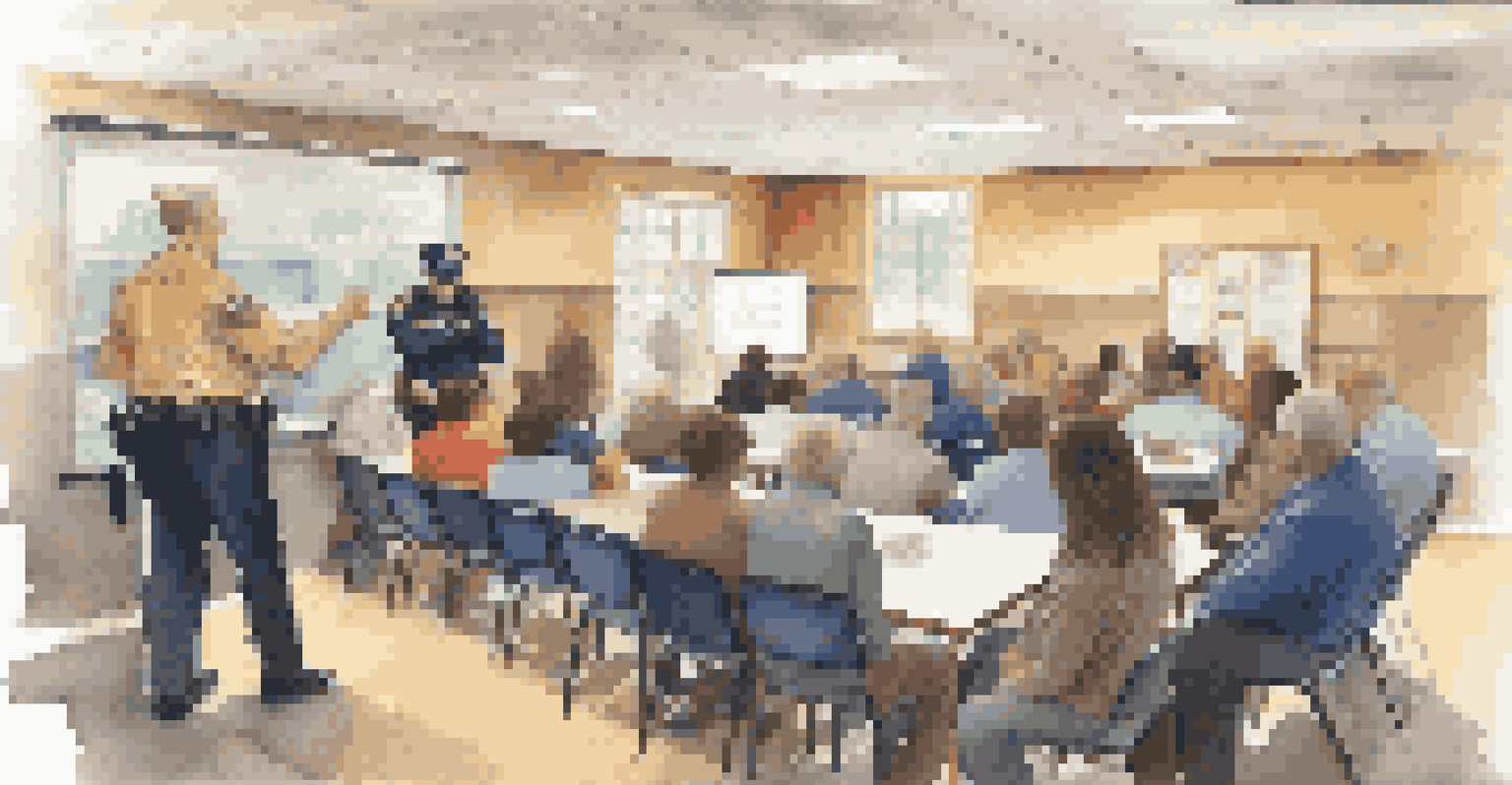 A police officer talking to community members in a meeting about home security in a community center.