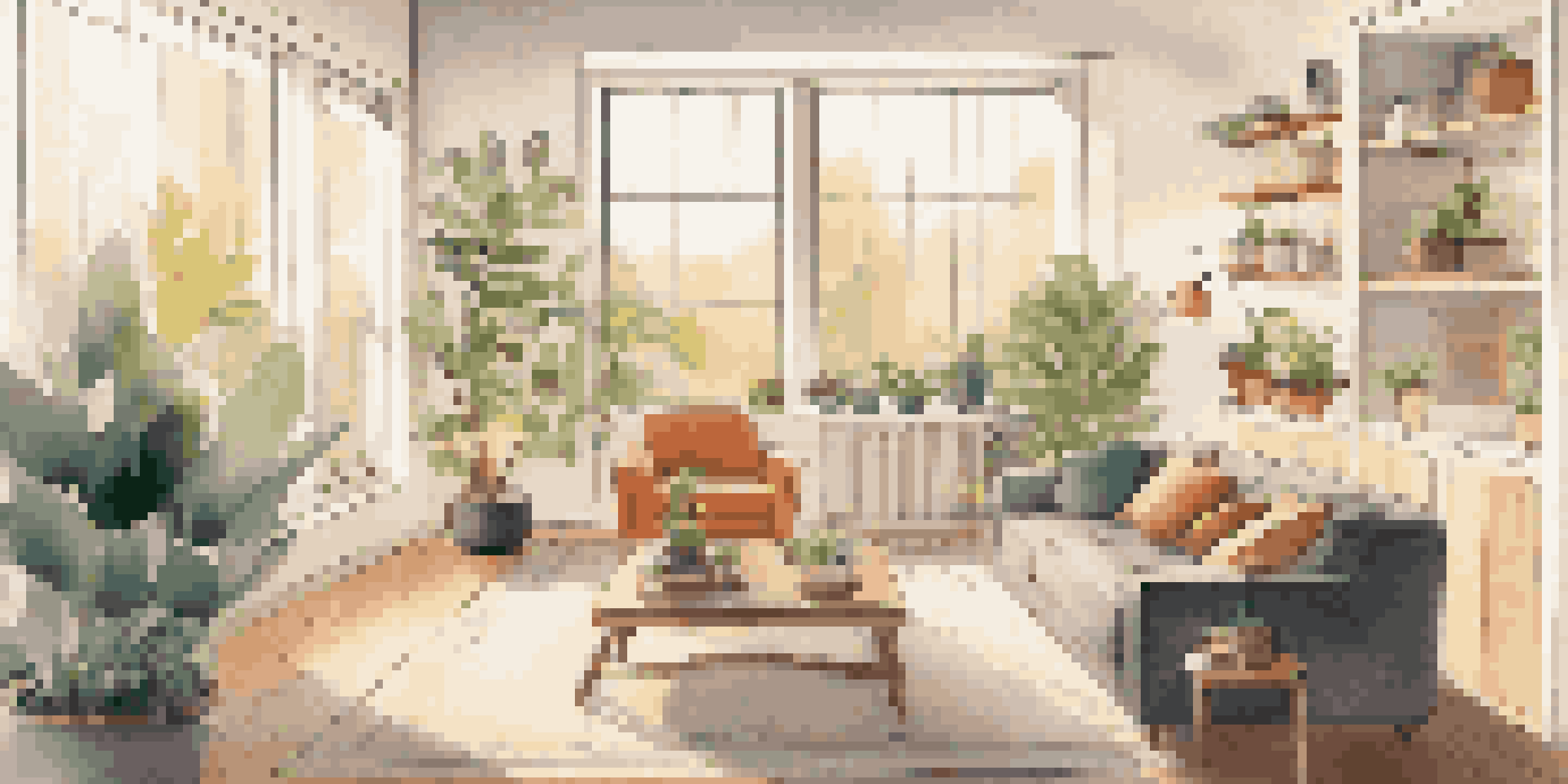 A cozy living room with various smart home devices, natural light, and modern decor.