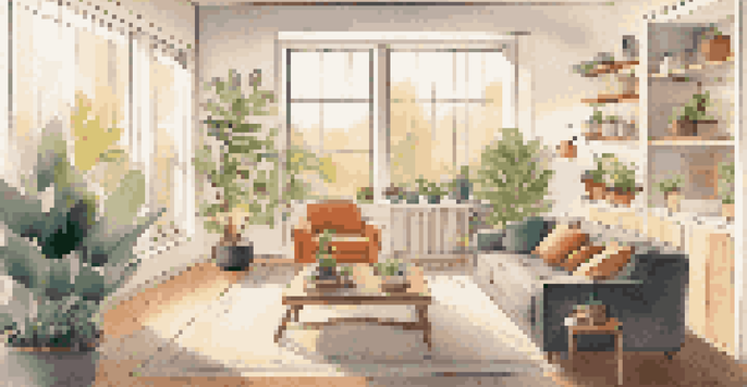 A cozy living room with various smart home devices, natural light, and modern decor.