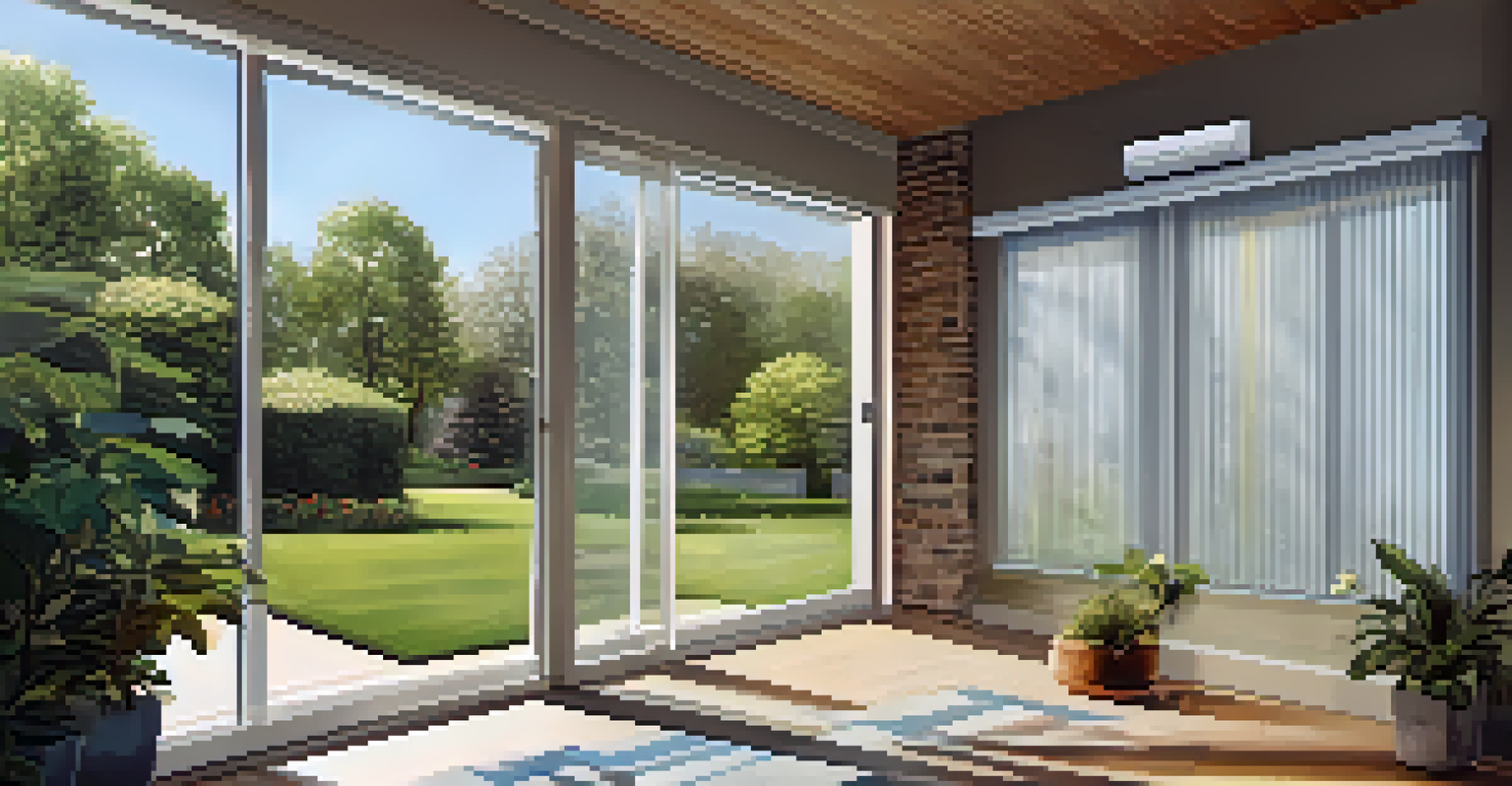 A house with smart blinds and a thermostat visible through the window, surrounded by a garden and a clear blue sky.