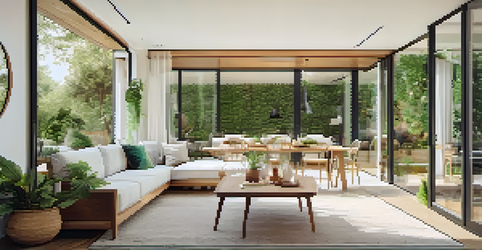 An open concept living room leading to a sunny outdoor patio with green plants and a dining table.