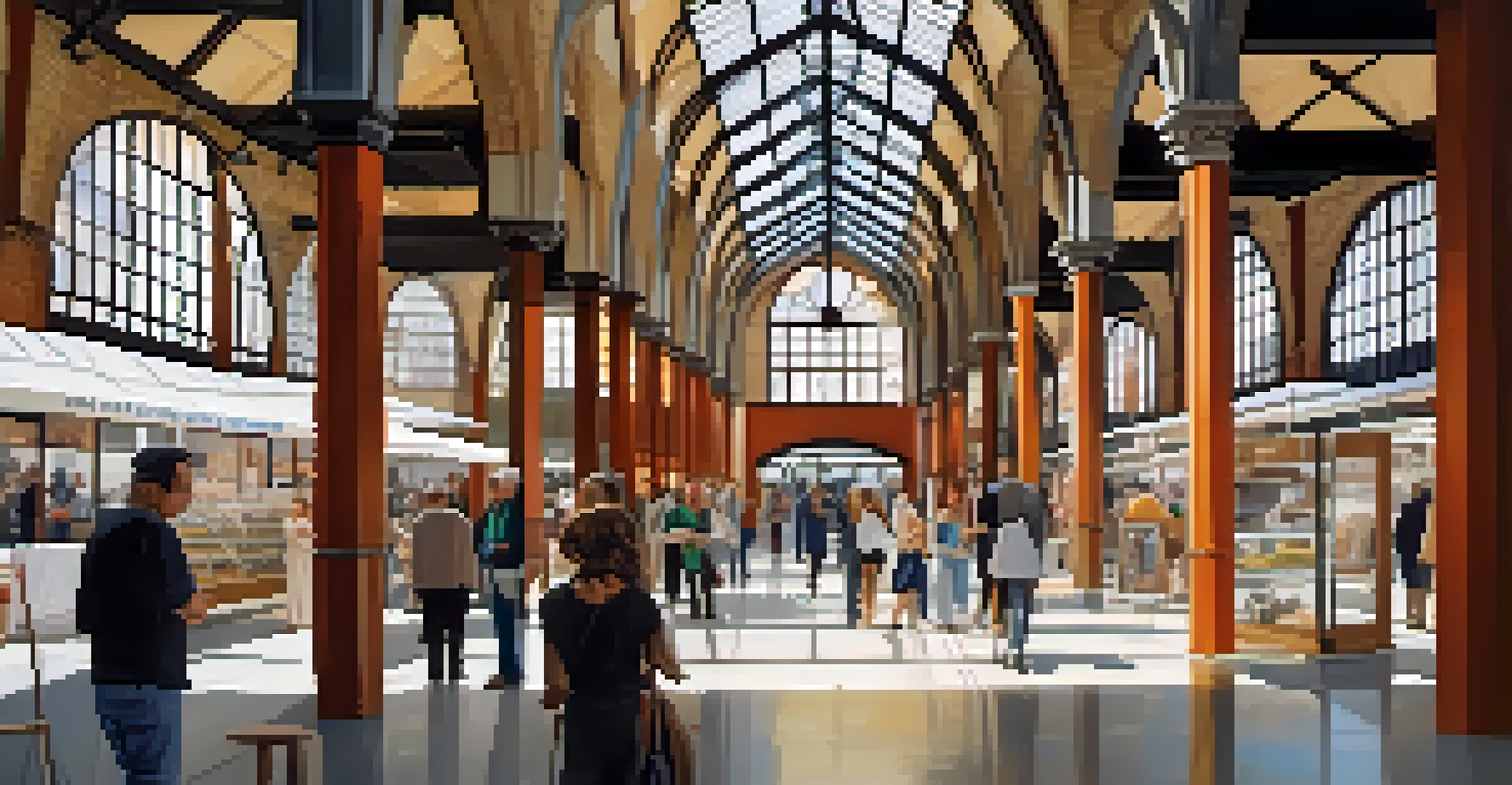 A historic market in Barcelona with glass walls, people engaging with exhibitions, and preserved architectural details.
