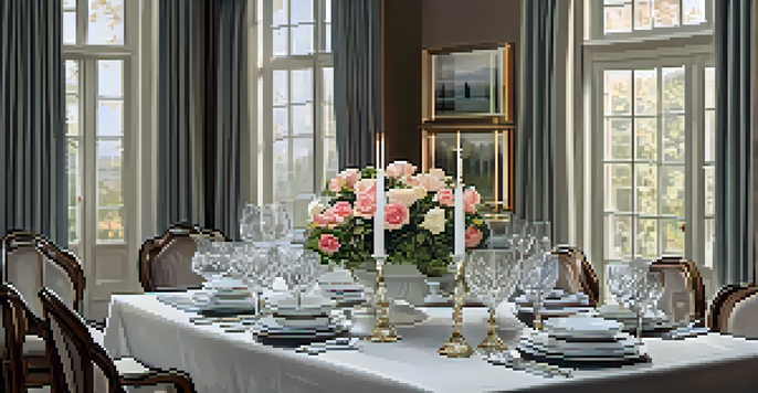 An elegant dining room with a beautifully set table and ambient lighting, creating a sophisticated atmosphere.