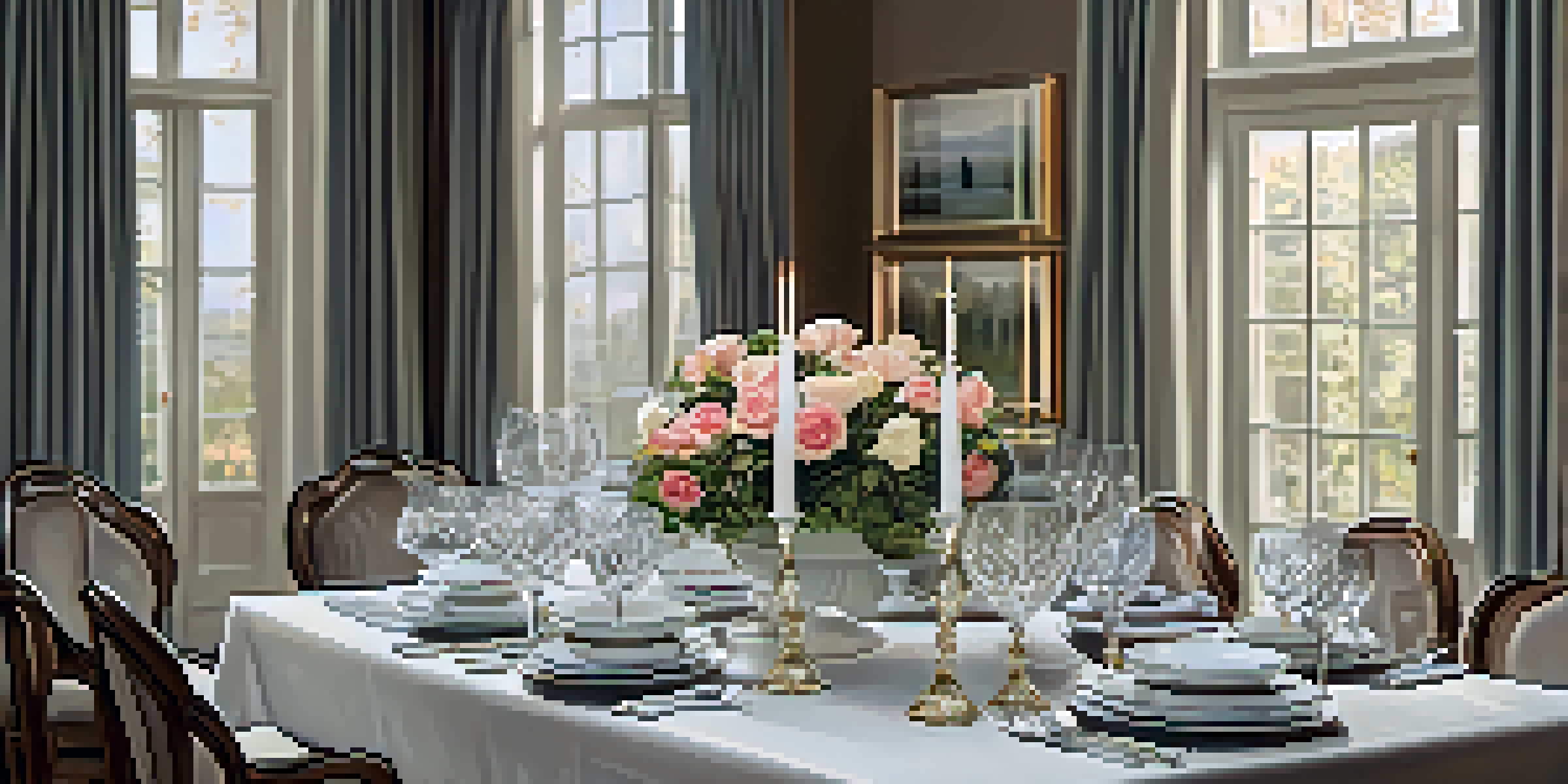 An elegant dining room with a beautifully set table and ambient lighting, creating a sophisticated atmosphere.