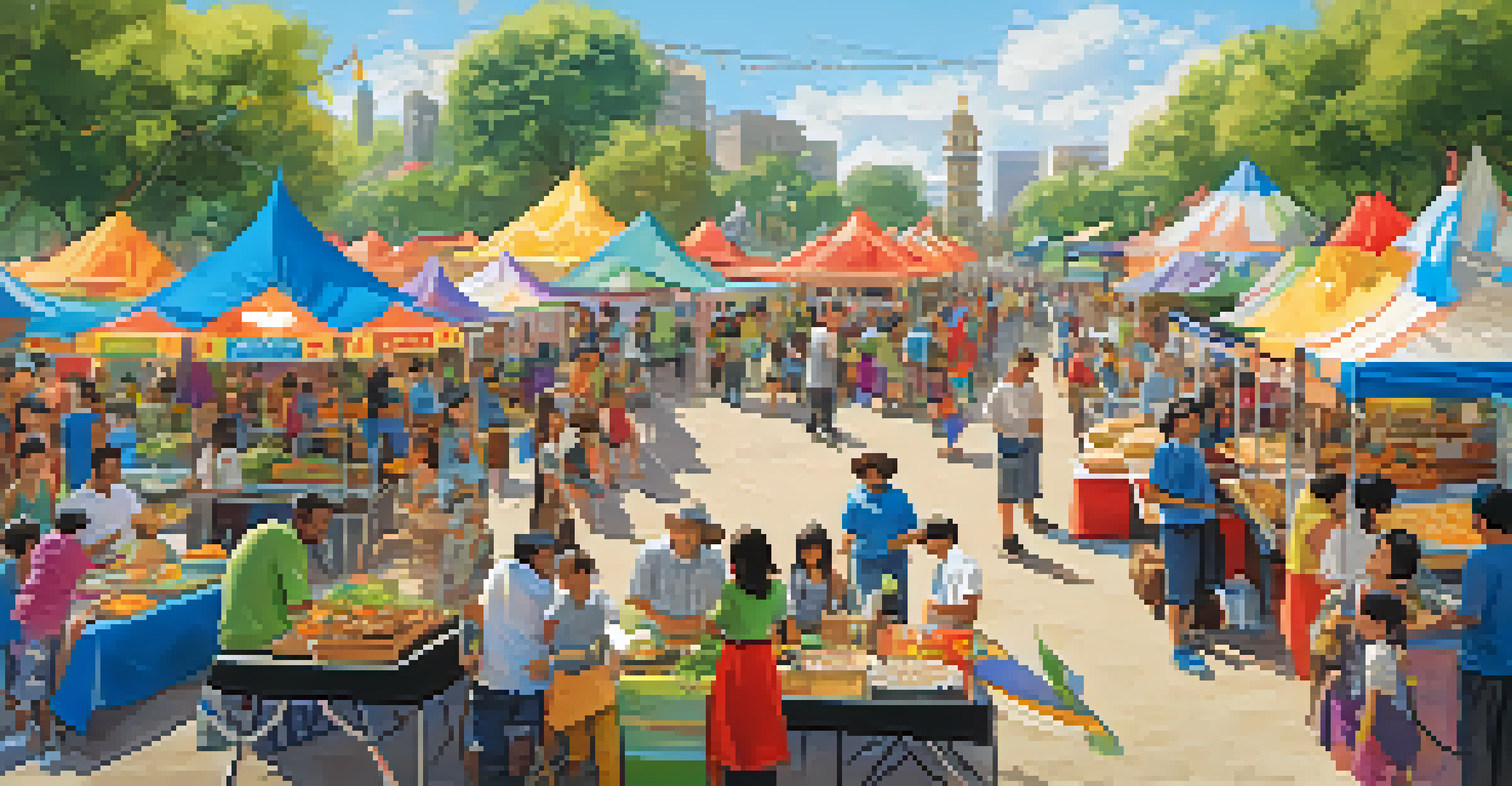 A community park bustling with families at a food festival, featuring colorful stalls and diverse attendees under a clear blue sky.