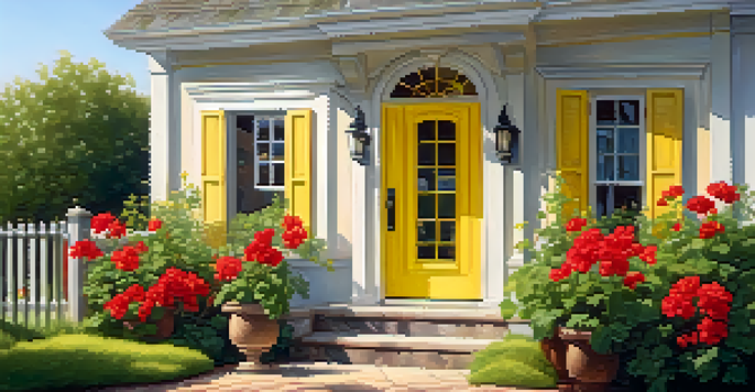 A welcoming front entrance with a bright yellow door and vibrant red geraniums in a sunny garden.