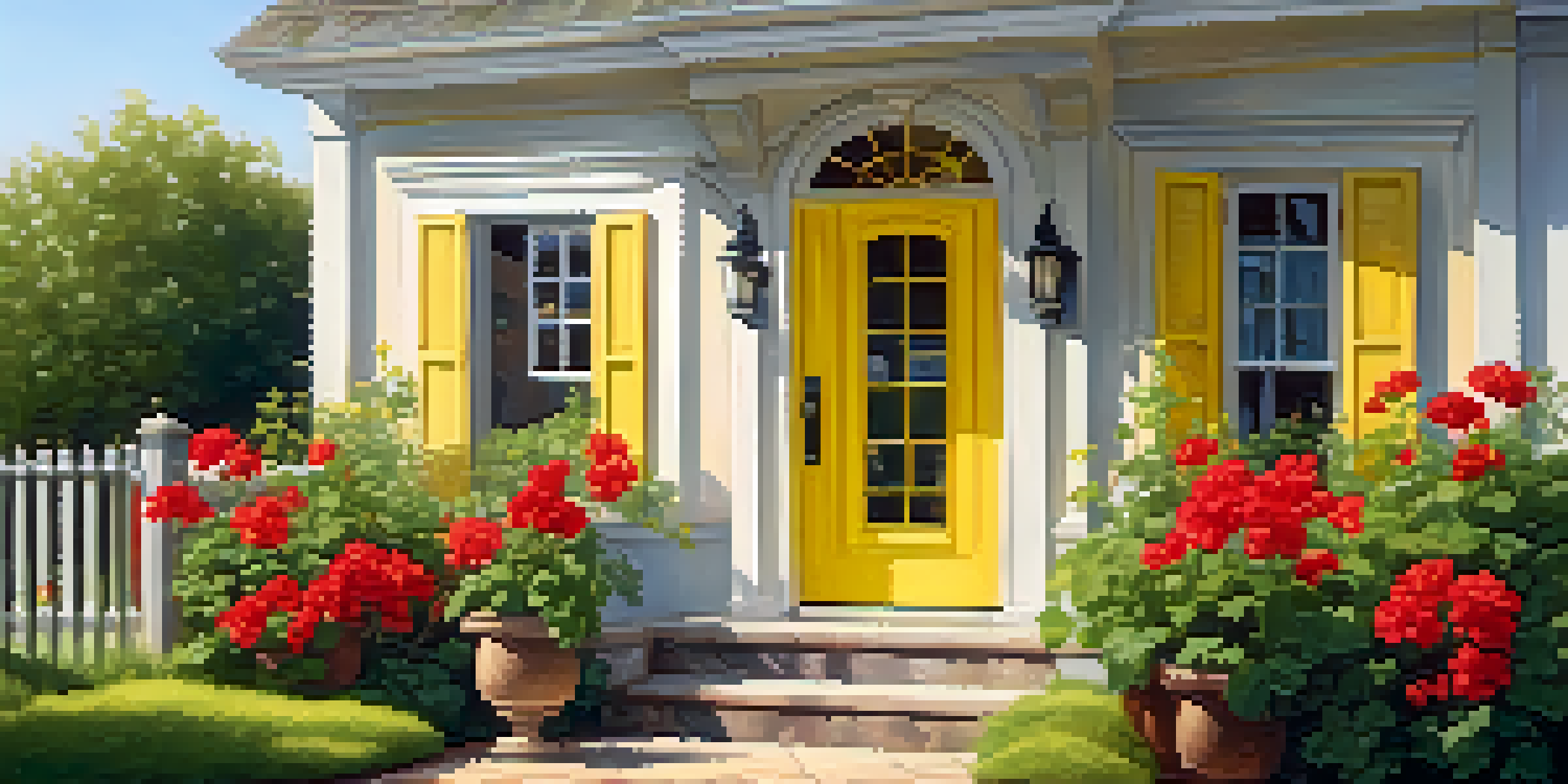 A welcoming front entrance with a bright yellow door and vibrant red geraniums in a sunny garden.
