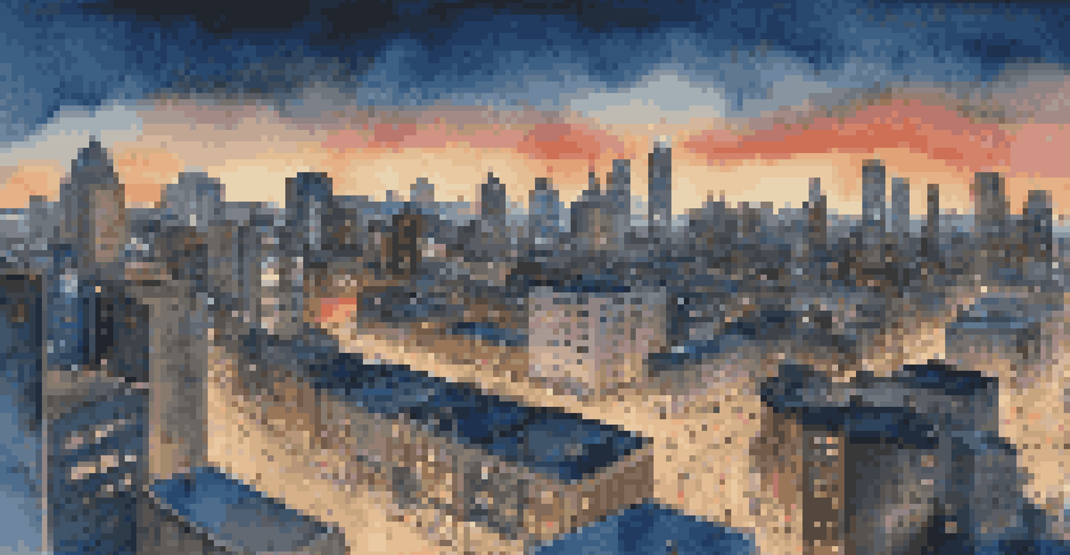 A vibrant cityscape at twilight with illuminated buildings and busy streets, showcasing urban life.