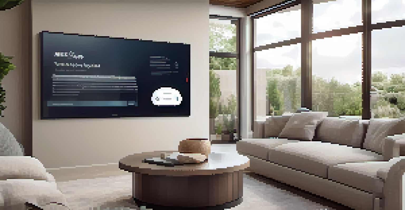 A digital display on a tablet showing a virtual home tour, set in a modern living room with elegant decor.