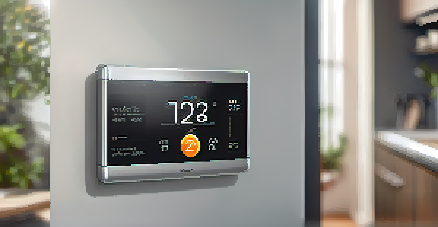 A close-up of a smart thermostat showing energy usage data in a modern kitchen.