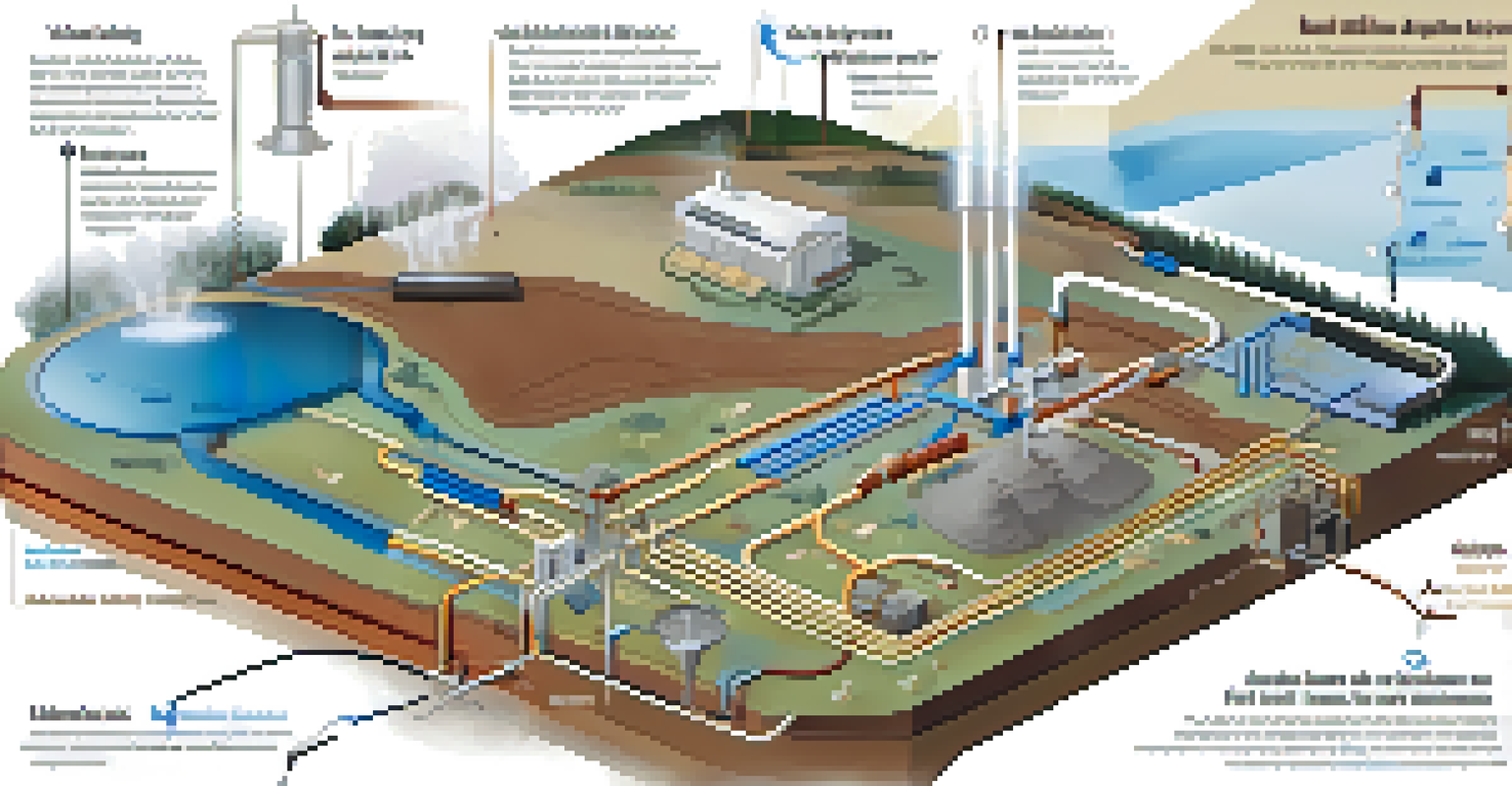 An educational infographic illustrating the geothermal energy process, featuring labeled sections like ground loop and heat pump in earth tones and soft blues.