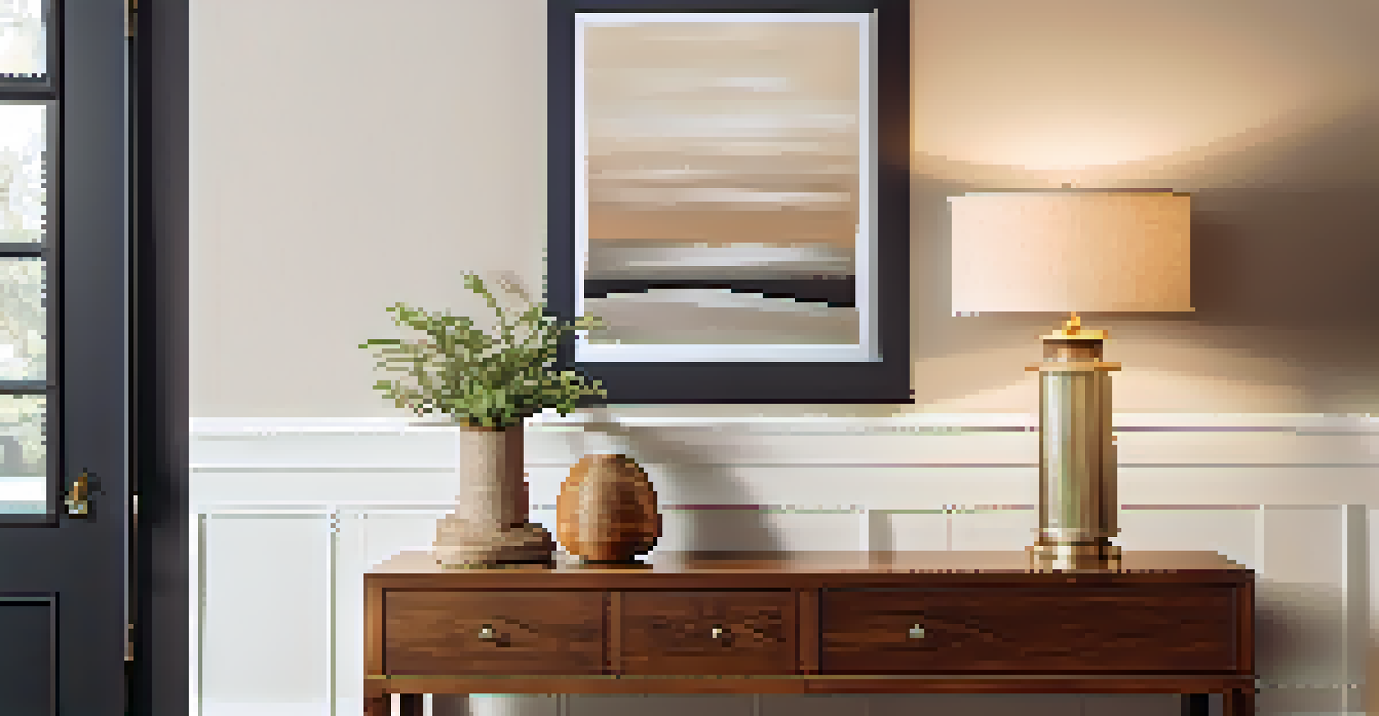 A cozy entrance with a console table, lamp, potted plant, and a family photo in soft neutral tones.