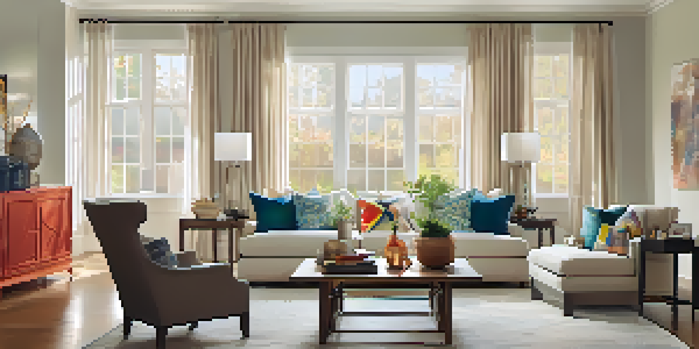 A cozy living room with a neutral sofa, colorful throw pillows, and natural light streaming through large windows.
