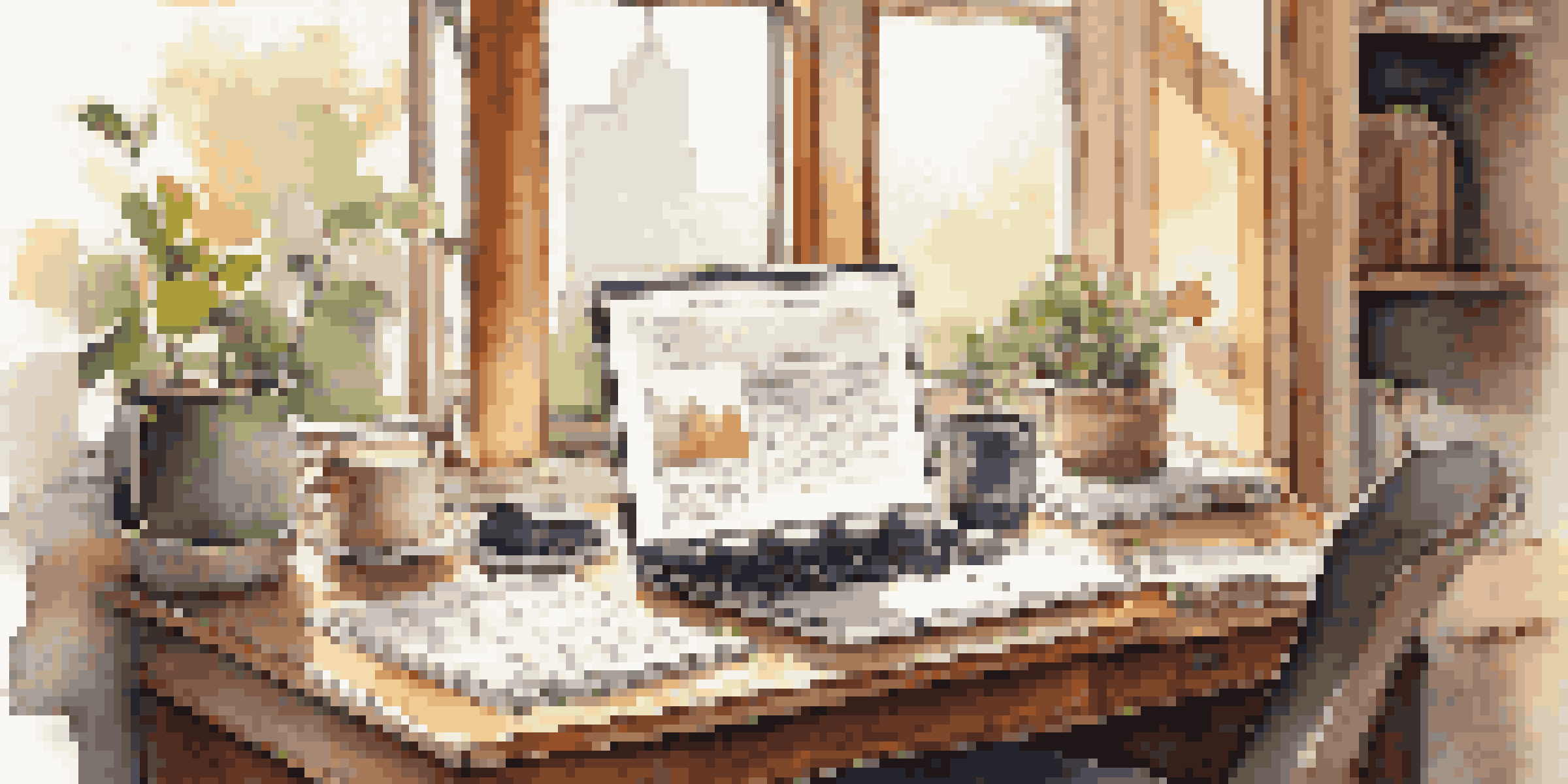 A well-organized desk featuring a laptop, financial papers, and a coffee cup, illuminated by soft morning sunlight.