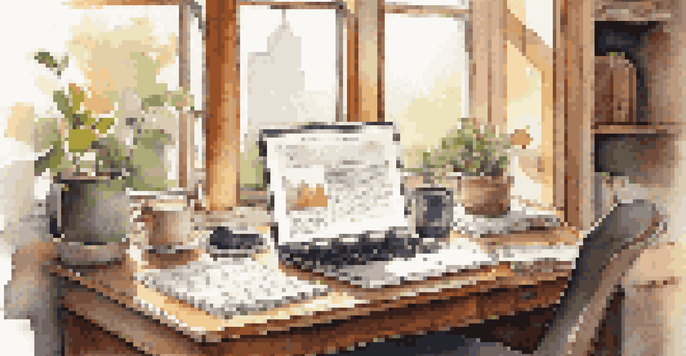 A well-organized desk featuring a laptop, financial papers, and a coffee cup, illuminated by soft morning sunlight.