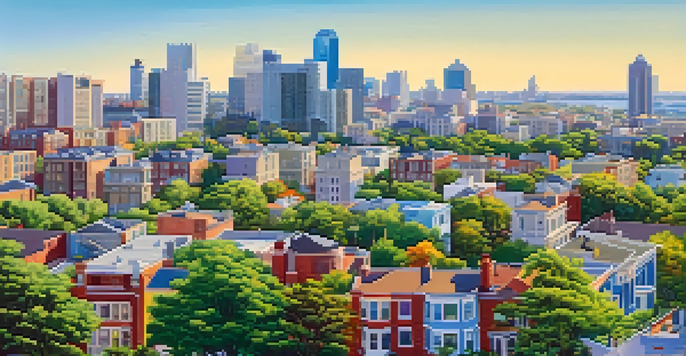 A cityscape showing a divide between affluent and lower-income neighborhoods, with modern buildings on one side and older houses on the other.