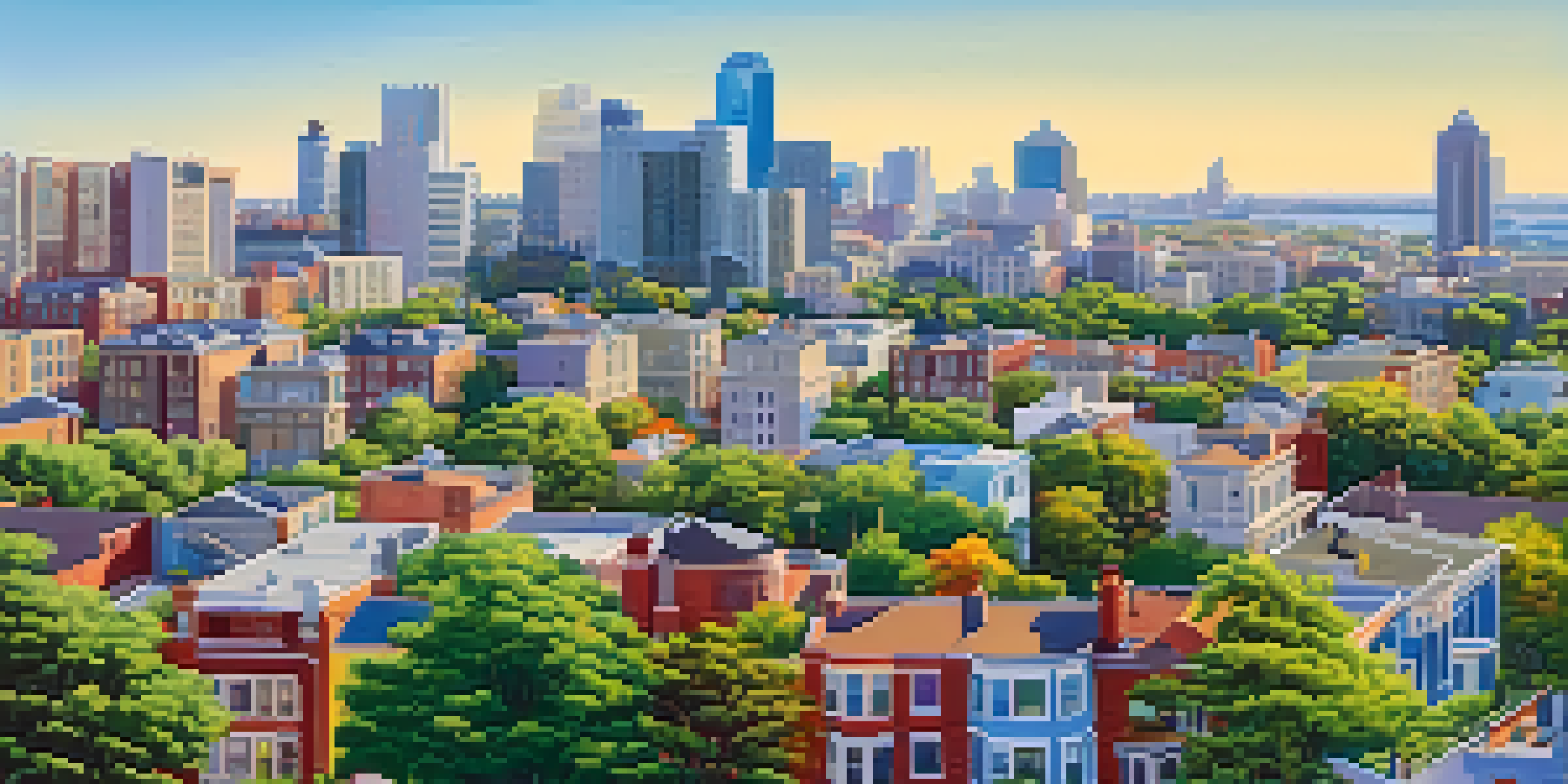 A cityscape showing a divide between affluent and lower-income neighborhoods, with modern buildings on one side and older houses on the other.