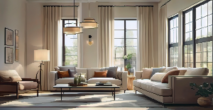 A warm and inviting living room with soft beige walls, a comfortable sofa, and a stylish pendant light, featuring natural light from large windows.