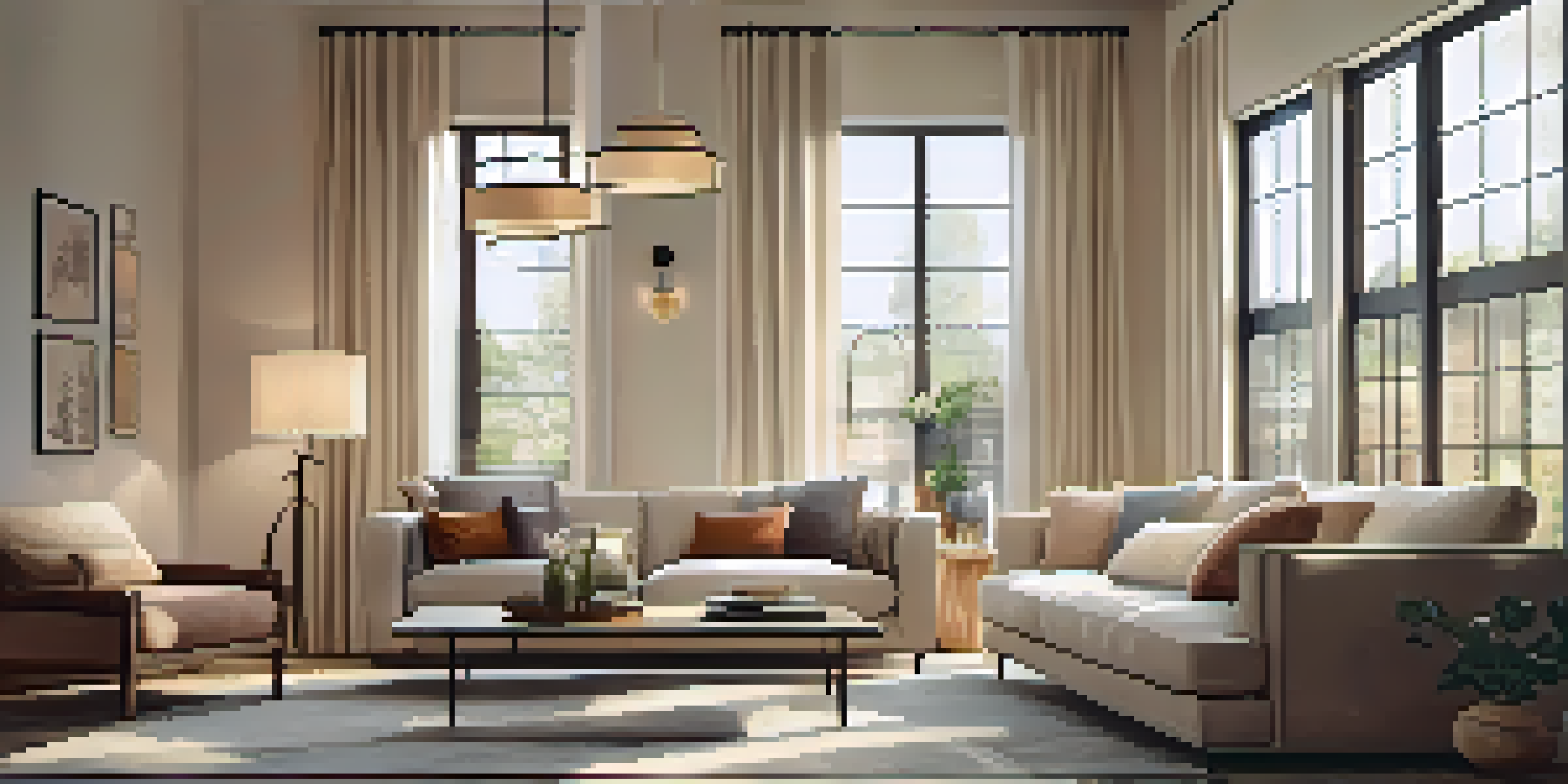 A warm and inviting living room with soft beige walls, a comfortable sofa, and a stylish pendant light, featuring natural light from large windows.