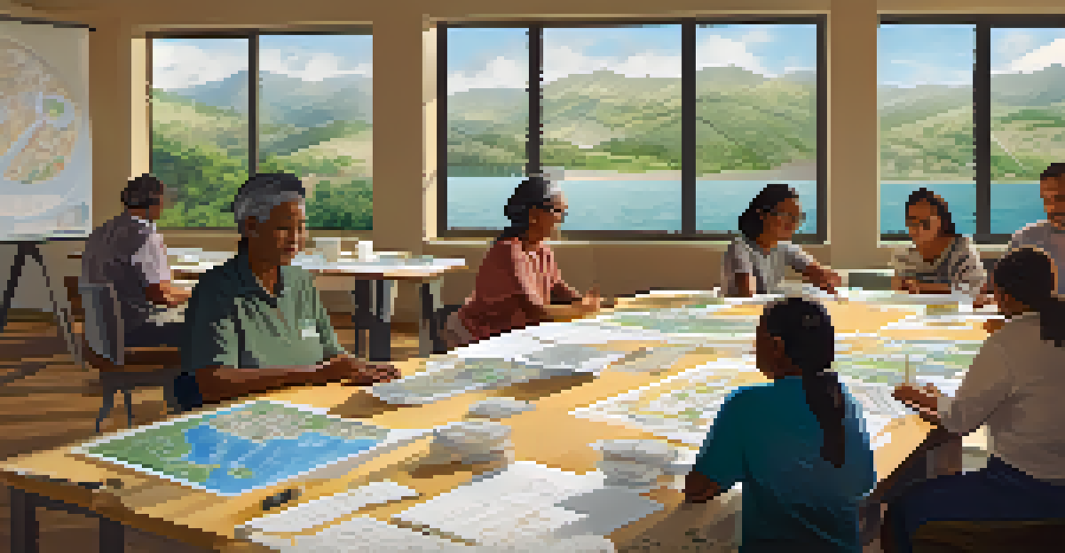A diverse group of community members collaborating in a workshop focused on disaster resilience planning.