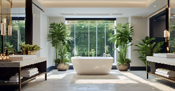 A luxurious bathroom featuring a freestanding tub, double vanity, and elegant white tiles, creating a relaxing environment.