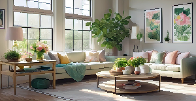 A vibrant living room filled with natural light, featuring fresh flowers and green plants, showcasing a cozy and organized atmosphere.
