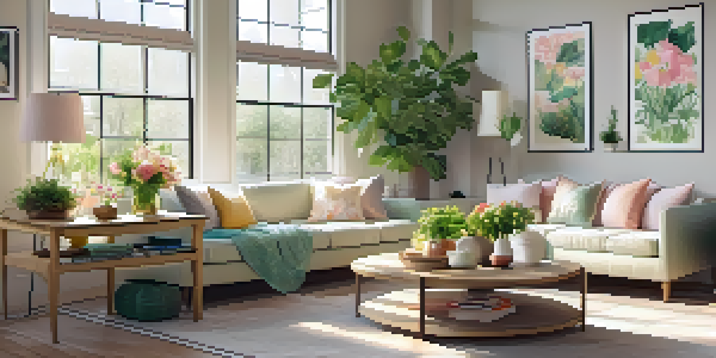 A vibrant living room filled with natural light, featuring fresh flowers and green plants, showcasing a cozy and organized atmosphere.